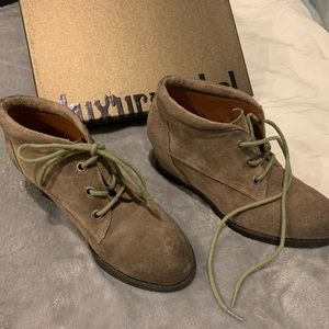 Suede lace up wedge bootie